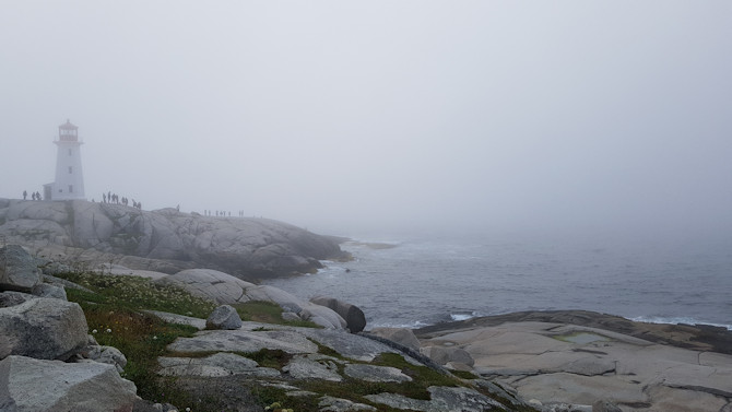 Peggy's Cove lighthouse in fog
