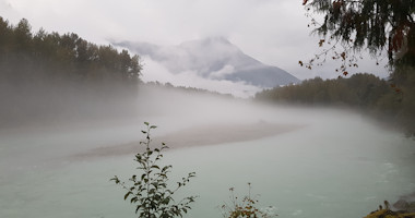 Bella Coola river in fog from Rip Rap Camp Site platform
