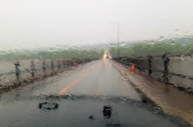 Bridge to island in rain 